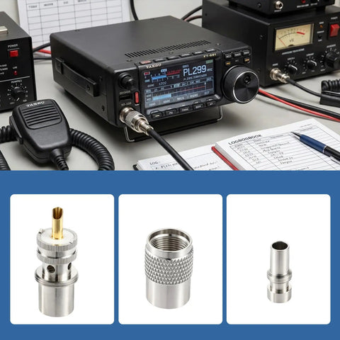 UHF Male Coax Connector Kit 5 Pack With Reducers Teflon 50 Ohm For RG59 RG8 RG8X LMR 400 Cables shown with ham radio equipment