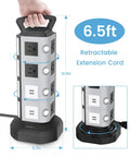 Power Strip Surge Protector Tower With Four USB Ports And Fourteen Outlets For Easy Charging, 13.5" tall, 6.5-foot cord