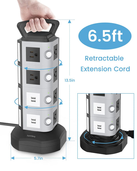 Power Strip Surge Protector Tower With Four USB Ports And Fourteen Outlets For Easy Charging, 13.5" tall, 6.5-foot cord