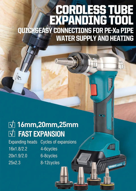 Rechargeable Electric PEX Expander Tool Kit With Auto Rotation Heads 16mm 20mm 25mm PEX A Expansion Cutter shown with heads