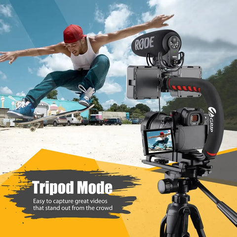 Comfy Handheld Video Stabilizer Grip With Cold Shoe Mount For DSLR Cameras capturing skateboarder mid-air in outdoor setting