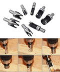 Top Shelf Carbon Steel Wood Plug Cutter Set With Taper Claw Bits And Chamfered Edge Cutters In 5/8 1/2 3/8 1/4 Inch Sizes displayed with drill operation.