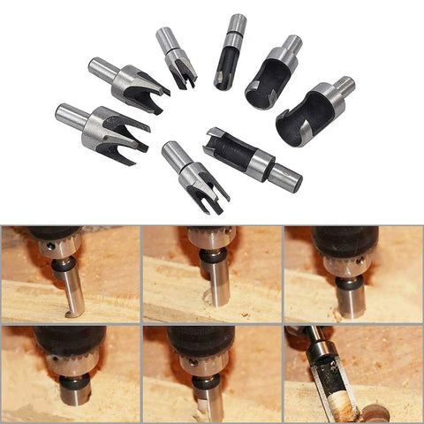 Top Shelf Carbon Steel Wood Plug Cutter Set With Taper Claw Bits And Chamfered Edge Cutters In 5/8 1/2 3/8 1/4 Inch Sizes displayed with drill operation.