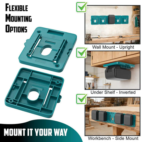 20V Battery Mount Holder Wall Mount Hanger for DCB200 DCB201 DCB202 DCB203 DCB204 Batteries, showing flexible mounting options