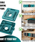 Flexible mounting options for Makita 18V Battery Mount Holder Wall Mount Hanger Pack Of 10 with 20 Screws shown on various surfaces.