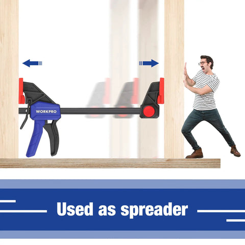 One Handed Bar Clamps Set for Woodworking, Six Pack Quick Change F Clamp and Spreader shown as spreader in use