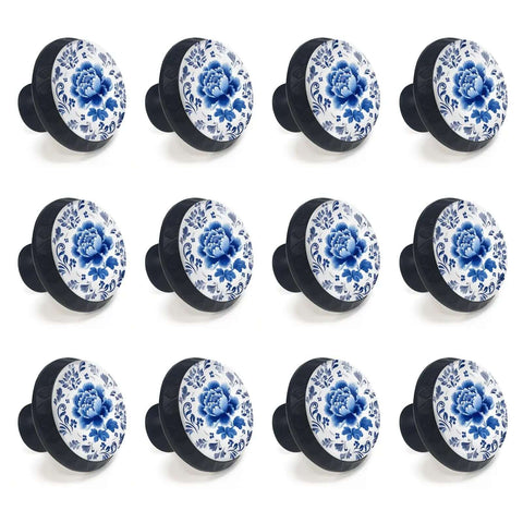 Blue Peony Flower Cabinet Knobs Set, 12 Pack For Kitchen And Bathroom, porcelain knobs with floral pattern displayed in rows.