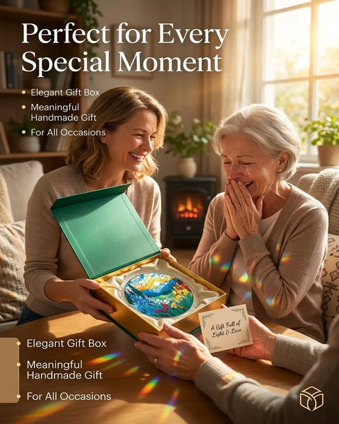 Two women sharing a heartfelt moment with Jigsaw Puzzle Suncatcher Kit With 83 Pieces For DIY Stained Glass Window Art No Glue Needed.
