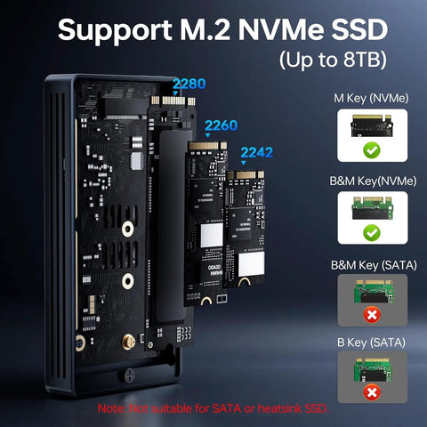 Lightning Fast 40Gbps M2 Nvme Ssd Enclosure With Thunderbolt Connection For Mac M1 Pro Max Staying Ice Cold Thanks To Beefy Cooling System For Hella Heavy Workloads  image showing compatibility for various M.2 SSD sizes.