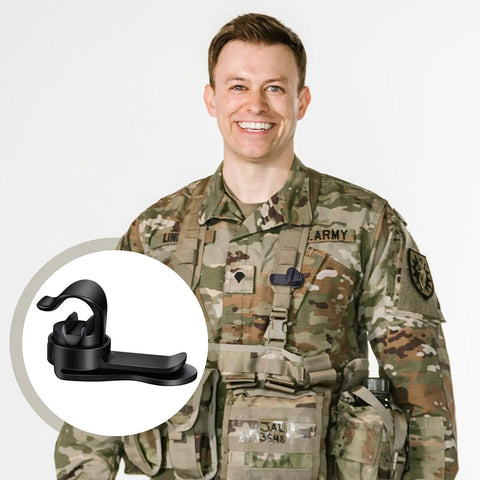 Soldier with Three Piece Hydration Hose Magnetic Clip Set For Water Tube Bladder Clip on tactical vest, black.
