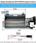 Cooling Fan Replacement For Range Oven Control Panel W11107275 front view with measurements and adapter plug