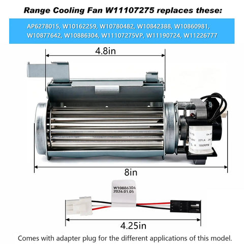 Cooling Fan Replacement For Range Oven Control Panel W11107275 front view with measurements and adapter plug