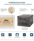 6U Wall Mount Server Rack with drilling template showing installation guide and removable side panels for cable management.
