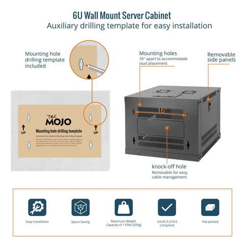 6U Wall Mount Server Rack with drilling template showing installation guide and removable side panels for cable management.