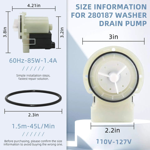 Dimensions of Single Unit Washer Drain Pump Motor 280187 8181684 Askoll M75 Replacement for Whirlpool Duet.