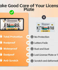 Comparison of Two Pack Clear License Plate Frame And Protector Set For Front And Rear ABS Car Plate Covers With Screws Caps Fits Any Standard US Plates Weatherproof Anti Theft Compatible vs unprotected plate.