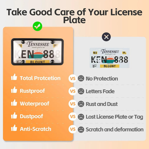 Comparison of Two Pack Clear License Plate Frame And Protector Set For Front And Rear ABS Car Plate Covers With Screws Caps Fits Any Standard US Plates Weatherproof Anti Theft Compatible vs unprotected plate.