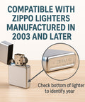 Open Zippo lighter on table showing compatibility for Hinge Pin Repair Kit For Zippo Lighters 2003 And Later, with date check zoom.