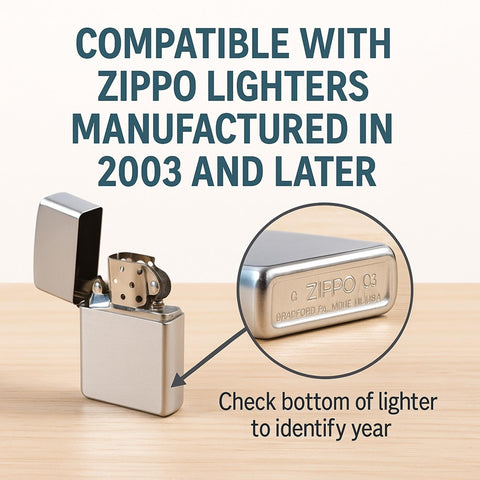 Open Zippo lighter on table showing compatibility for Hinge Pin Repair Kit For Zippo Lighters 2003 And Later, with date check zoom.