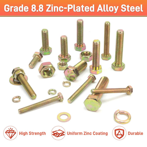 Tough As Nails Grade 8.8 Metric Nuts And Bolts Assortment Kit With Washers Heavy Duty Hex Fasteners For M6 M8 M10 M12 Home Garage Zinc Plated Pro Pack on a white background.