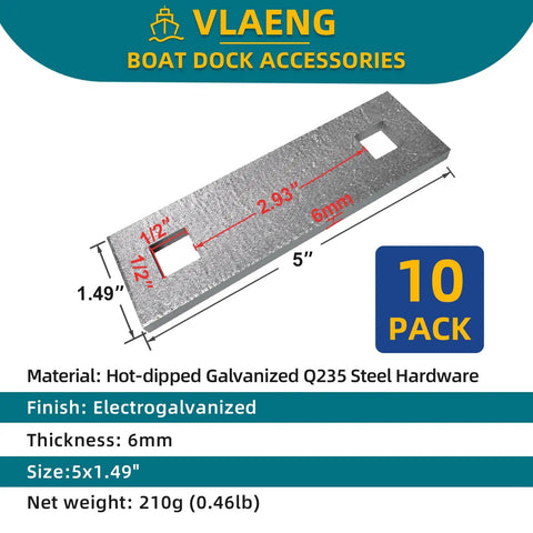 Badass Hot Dipped Galvanized Dock Washer Plates 10 Pack 1.5 By 5 Inches 6mm Thick shown with dimensions and details