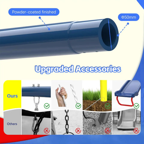 Backyard Swing Set With Stand, Heavy Duty 440lbs, Dual Swing Frame showing upgraded metal frame and accessories
