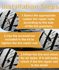 Installation steps for 64 Piece Tire Repair Kit With Four Sizes Screw In Plugs, showing repair process on tire.