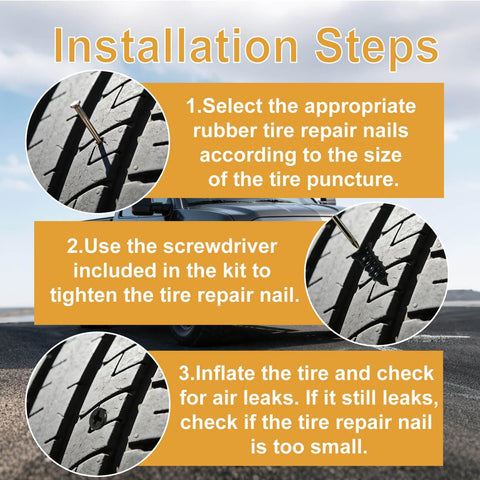 Installation steps for 64 Piece Tire Repair Kit With Four Sizes Screw In Plugs, showing repair process on tire.