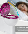 Toilet Seat Round Resin for Bathroom Use with pink glitter design, quiet close feature, measuring 14.5" x 16.5".