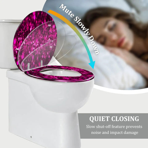 Toilet Seat Round Resin for Bathroom Use with pink glitter design, quiet close feature, measuring 14.5" x 16.5".