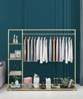 Heavy Duty Portable Gold Metal Clothes Closet Rack With Five Extra Storage Shelves And Solid Hanging Bar For Hang Your Fits And Kicks Top Tier Wardrobe Organizer For Small Rooms in modern living space.