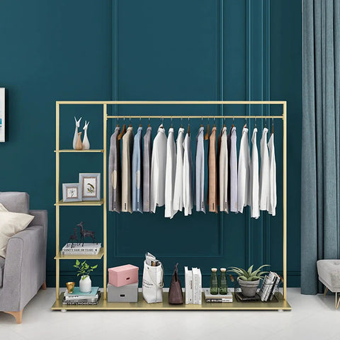 Heavy Duty Portable Gold Metal Clothes Closet Rack With Five Extra Storage Shelves And Solid Hanging Bar For Hang Your Fits And Kicks Top Tier Wardrobe Organizer For Small Rooms in modern living space.