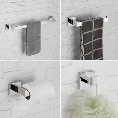 Square Polished Chrome Bathroom Accessories Set, 24-Inch Wall Mounted Towel Bar Kit With Hand Towel Bar, Toilet Paper Holder, And 2 Robe Hooks