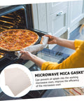 Using Pro Grade 10 Pack Microwave Mica Plates Sheets to enhance oven efficiency, shown in kitchen setting with open oven and pizza.