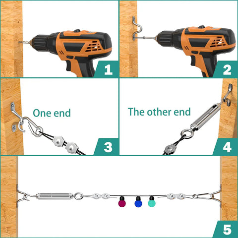 Installation steps for Durable 160 Ft String Light Hanging Kit With 304 Stainless Steel Wire Rope Tension Cable 7x7 Braided 1 Sixteenth Inch For Globe String Lights Outdoor Hassle Free Setup With Hooks Screws And Weather Resistant Vinyl Coating