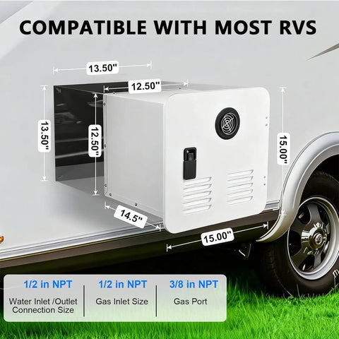 No Sweat Tankless Gas Water Heater 55000 BTU dimensions showing compatibility with RV installations and connections.