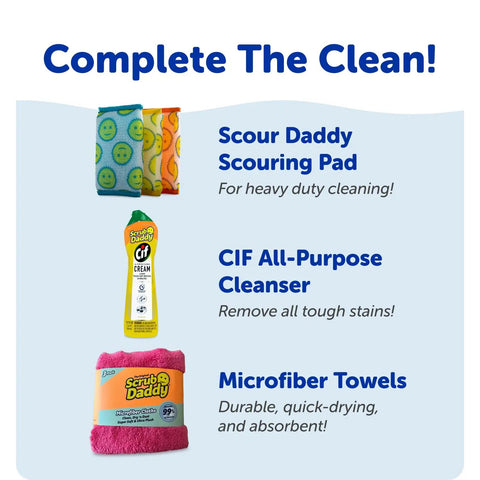 Scour Daddy scouring pad, CIF all-purpose cleanser, and Scrub Daddy microfiber towels for complete cleaning solution