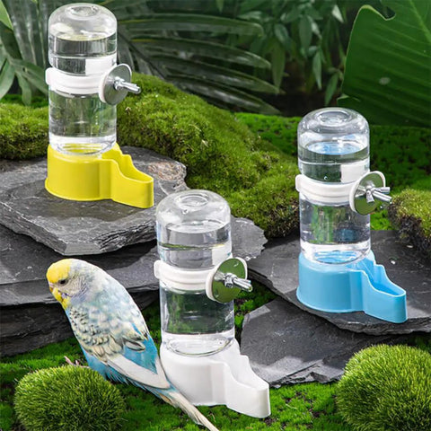 Hang Up This Gravity Fed Bird Water Feeder To Keep Your Feathered Pals Quenched On Autopilot With A Spill Proof Cage Mount Dispenser For Fresh Water Blue with three colors on rocks.