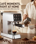 No Stress Touchscreen Espresso Machine With Automatic Milk Frother And 20 Bar Pressure brewing a latte on a kitchen counter.