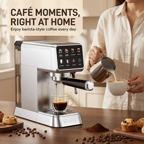 No Stress Touchscreen Espresso Machine With Automatic Milk Frother And 20 Bar Pressure brewing a latte on a kitchen counter.
