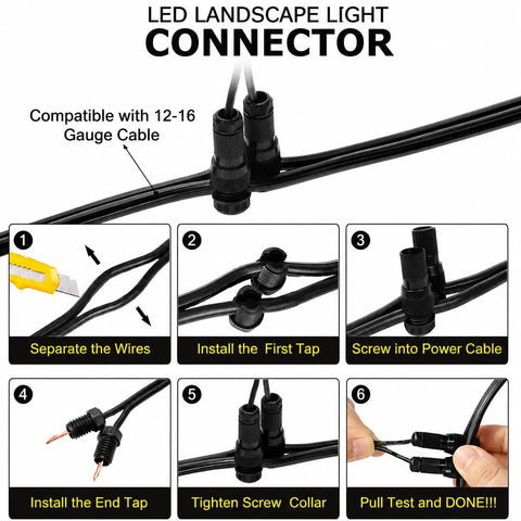 Steps to connect LED landscape light connectors for 8 Pack 5W Low Voltage LED Landscape Lights With Spike Stands And Quick Connectors.