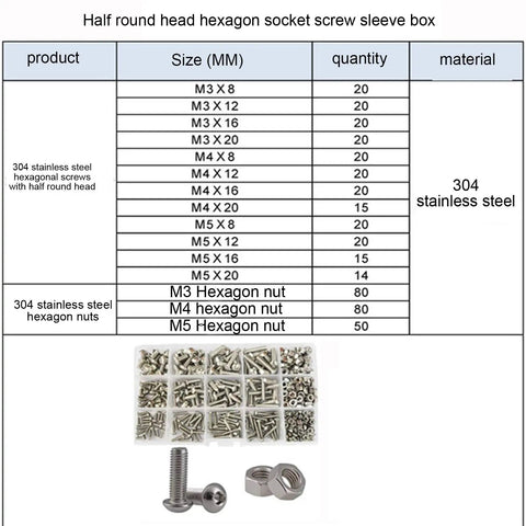 All In One 304 Stainless Steel Button Head Socket Cap Screws And Hex Nut Kit Set M2 Through M6 With Metric Thread For DIYers Pros And Everyday Home Improvement And Automotive Projects. Image of M3-M5 304 stainless steel hex socket screws and nuts kit.