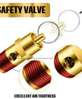 Brass 1/4 in NPT pressure-relief safety valve for air compressors, front view showing red threaded section.