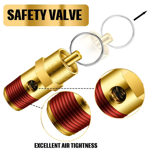 Brass 1/4 in NPT pressure-relief safety valve for air compressors, front view showing red threaded section.