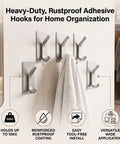 Insane Grip No Drill Towel Hooks Six Pack Silver Rust Proof Heavy Duty Bathroom Wall Mount with towel hanging on one hook.