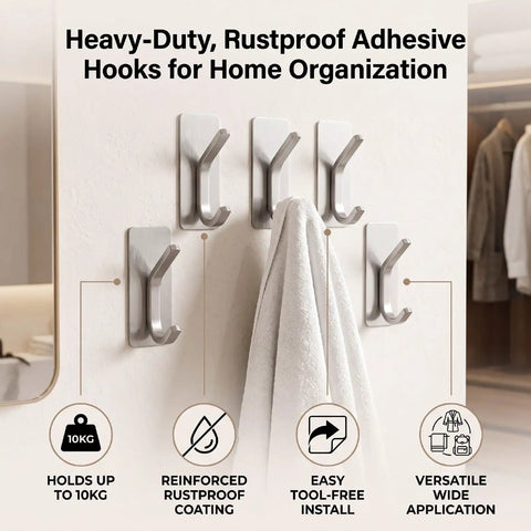 Insane Grip No Drill Towel Hooks Six Pack Silver Rust Proof Heavy Duty Bathroom Wall Mount with towel hanging on one hook.