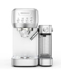 Premium Espresso Machine With Auto Milk Frother And 20 Bar Italian High Pressure Pump For Rich Crema And Silky Microfoam Lattes. Silver finish with control buttons.