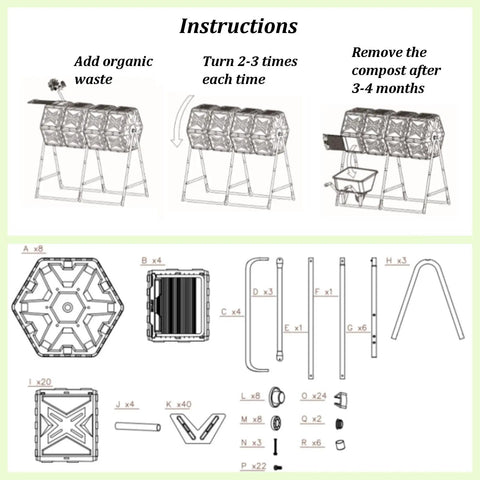 Four Chamber Rotating Compost Bin With Independent Drum Design Metal Frame And PE Shell 74 Gallon Capacity Sliding Doors Easy Tumbling For Quick Kitchen And Garden Waste No Mess In Your Yard assembly instructions and parts list