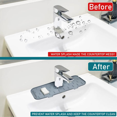 Image of a bathroom sink showing before and after using a Silicone Faucet Drip Catcher Tray And Splash Guard Behind Sink To Stop Water Pooling On Countertop No Mess Drip Protector Mat Behind Faucet For Kitchen Sink Gray.