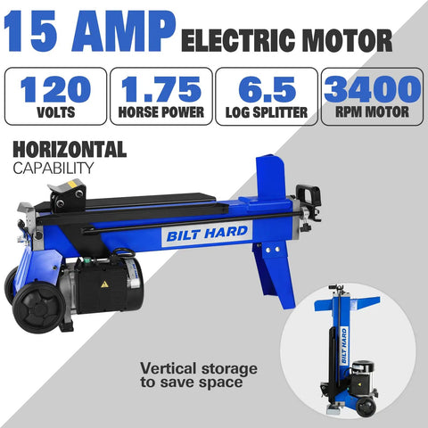 6.5 Ton Electric Log Splitter With Hydraulic Ram, Beast Mode 15 Amp Motor, Horizontal Wood Splitting Machine shown in blue